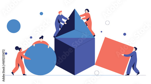 Abstract illustration of five people interacting with geometric shapes—sphere, cube, square, prism—symbolizing teamwork and spatial reasoning
