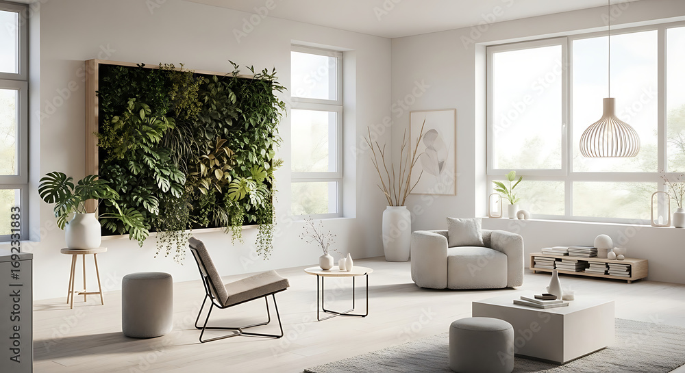 Fototapeta premium Bright living room with vertical garden wall and minimalist furniture in a modern apartment design