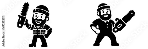 Two smiling bearded lumberjacks holding chainsaws in various dynamic poses, ready for work, on a clean white background
