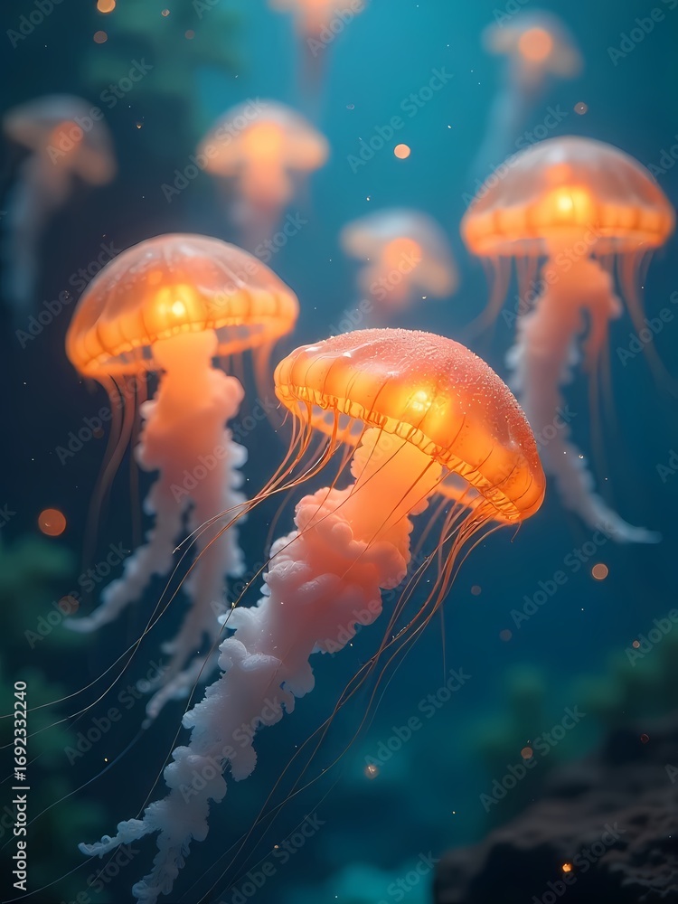 Naklejka premium Floating translucent jellyfish drift gracefully through the deep blue ocean water