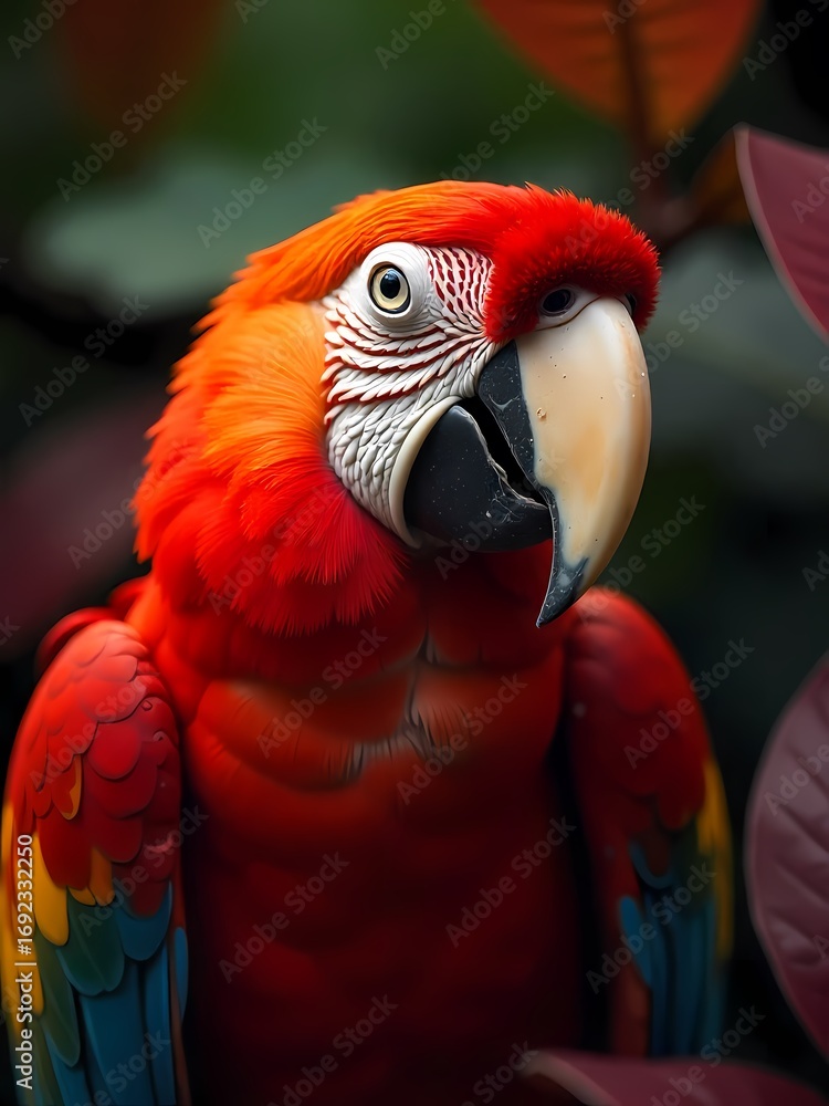 Obraz premium A colorful scarlet macaw with bright red and yellow feathers, its vibrant beak is close-up in this tropical bird's wild nature