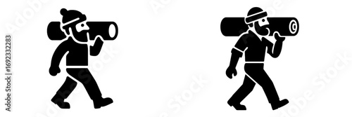 Lumberjack icon set with a bearded man carrying a heavy wooden log on his shoulder, a simple black and white silhouette for forestry and woodworking themes