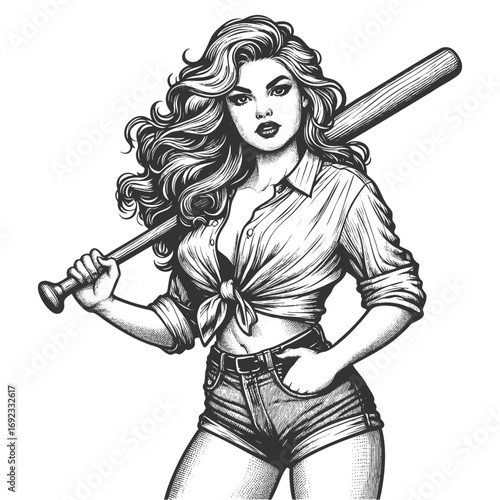 pin-up girl with tied shirt and bat over shoulders sketch engraving generative ai fictional character vector illustration. Scratch board imitation. Black and white image.