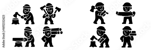Lumberjack character icon set with woodcutter figures chopping wood with an axe, sawing logs, and carrying timber