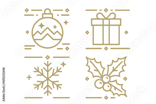 Set of gold Christmas icons in a minimalist line art style featuring a holiday ornament, gift box, snowflake, and holly branch