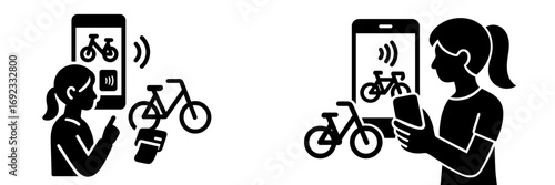 Woman using a mobile app for a bike sharing service with contactless payment to rent a bicycle for urban transportation