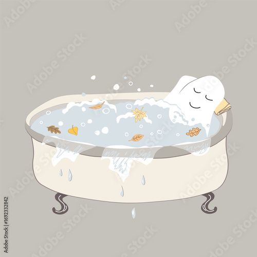Cute sheet ghost taking a relaxing. bath. Halloween character. Cartoon vector isolated illustration.