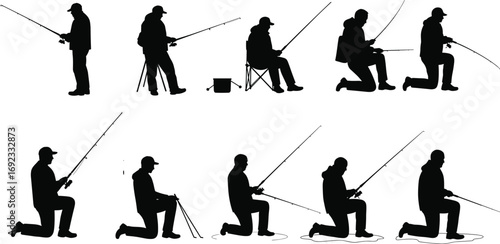 Black silhouette fishermen in various standing, sitting, kneeling poses with fishing rods, buckets, chairs, and outdoor fishing gear collection.