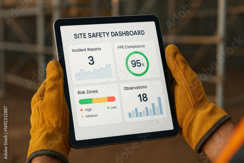 Site safety dashboard with incident reports and compliance data on tablet