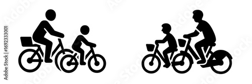 Parent and child riding bicycle icon set for family activity and outdoor recreation isolated on a white background