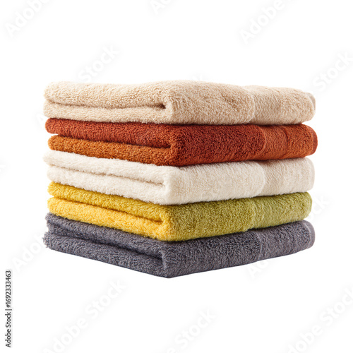 Neatly stacked colorful plush towels in warm earth tones and soft pastels create a cozy, inviting textile display for spa, bath, or home decor projects.