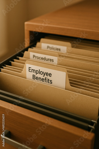 Employee benefits file folder in wooden filing cabinet with policies and procedures
