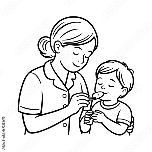 Caring mother feeds her child medicine with spoon gentle nurturing family moment white background