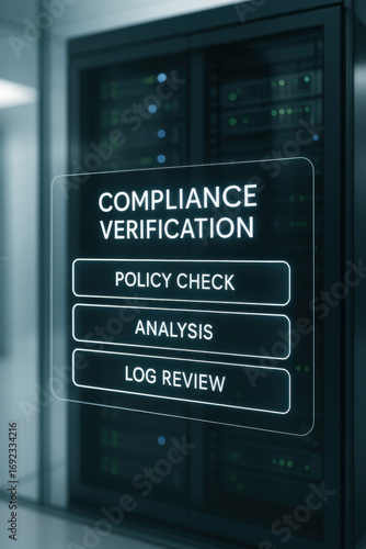 Compliance verification with policy check analysis and log review on server room screen