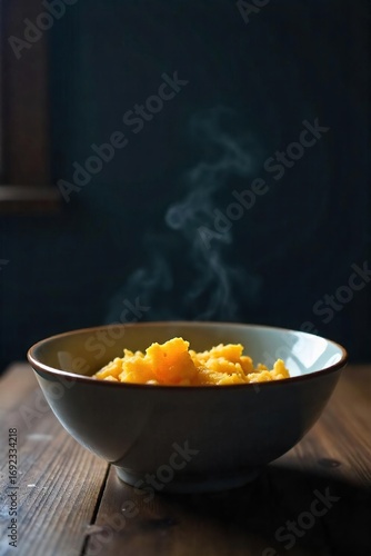 Empty bowl, untouched food, dim lighting, conveying feelings of sadness, lack of appetite, and despair associated with depression ,  unappetizing,  weight loss,  meal