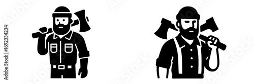 Bearded lumberjack with an axe over his shoulder, a strong and iconic figure representing forestry and logging themes
