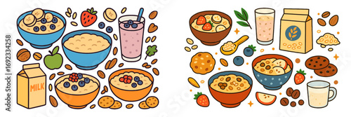 Doodle style collection of healthy breakfast foods featuring oatmeal bowls with various toppings like berries, banana, nuts, and milk isolated on a white background