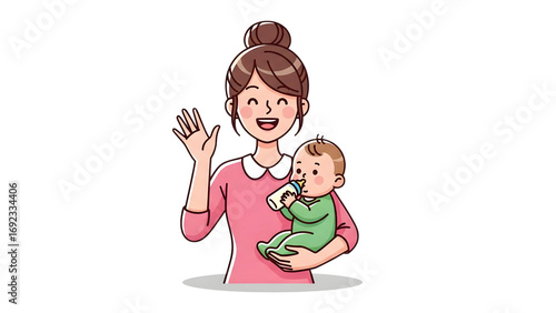Cartoon mother feeding baby with bottle illustration for motherhood and parenting concept design vector 100 on transparent background