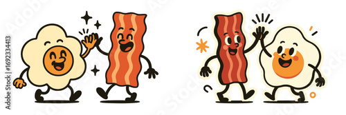 Cartoon bacon and egg characters giving a high five, retro friends for breakfast food concepts isolated on white