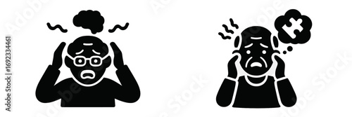 Elderly person with dementia and Alzheimer's disease icon set showing memory loss, confusion, and headache symptoms
