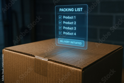 Packing list with delivery initiated hologram above sealed cardboard box in dark room