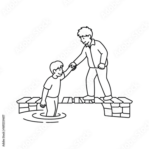 Older boy extends hand to help younger boy out of water from stone bridge white background