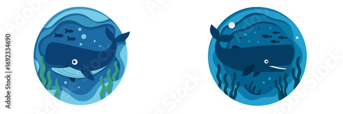 Set of two circular paper cut style whales swimming underwater with fish and seaweed in a layered ocean scene, marine life animal concept isolated on a white background