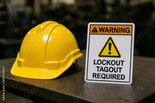 Safety helmet and warning sign on metal table in industrial environment
