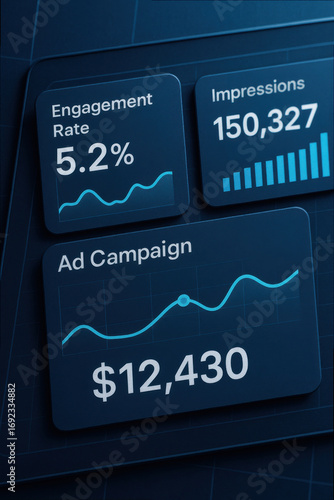 Ad campaign dashboard showing engagement rate, impressions, and revenue growth data