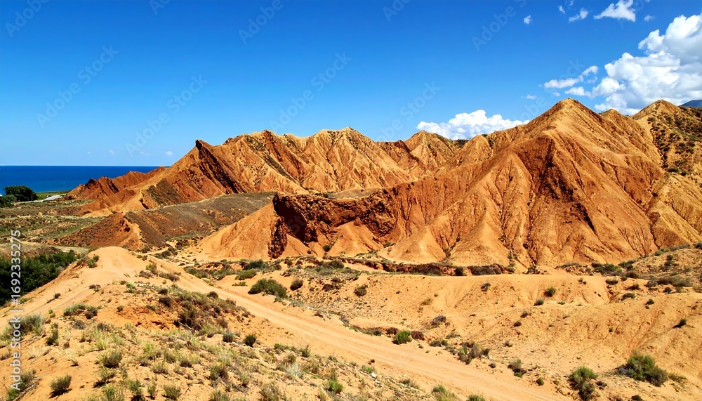 Fototapeta premium Red sandstone mountains meet sea