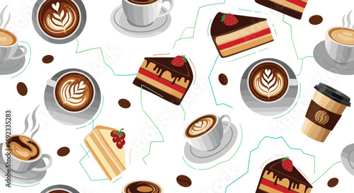 Sweeten your day with delicious coffee and cake vector pattern for backgrounds and creative projects