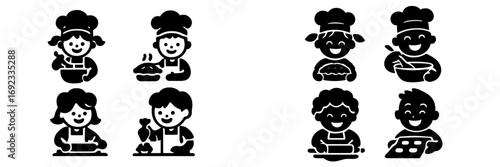 Monochrome silhouettes of smiling young chefs and bakers engaged in kitchen activities like mixing ingredients, rolling dough, and decorating desserts