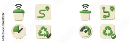 Modern 3D icons for eco-friendly technology featuring a smart trash can, GPS navigation route, clock timer, and recycling symbol for web applications