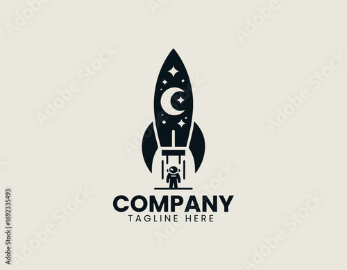Moon rocket illustrated as futuristic vector logo in minimal space exploration design style