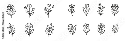 Set of hand drawn doodle flowers and leaves, minimalist botanical line art collection isolated on a white background
