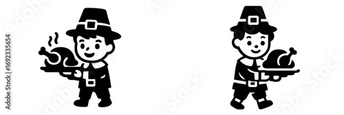 Black and white icon set of a pilgrim boy in traditional costume holding a platter with a roasted turkey for Thanksgiving dinner