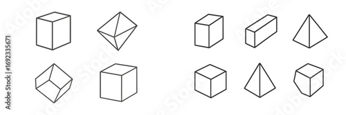 Set of isometric geometric shapes including cubes, pyramids, and prisms in a minimal black and white line art style