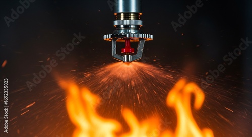 Fire Sprinkler Activating to Extinguish Flames with Water, Sparks and Fire Safety, Fire Suppression, Automated Fire Protection System