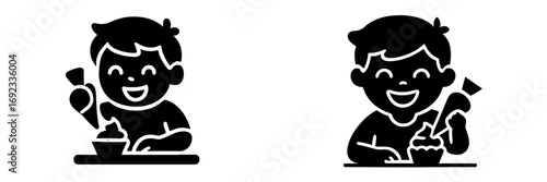 Black and white glyph icon set of a happy child decorating a cupcake with frosting using a pastry bag for baking and dessert concepts