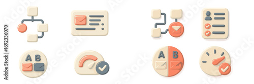 Modern 3D icon set for email marketing, A/B split testing, workflow automation, user segmentation, and performance analytics