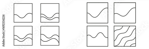 Set of minimalist abstract wavy line icons for modern design, simple geometric curve patterns and flow symbols isolated on white background