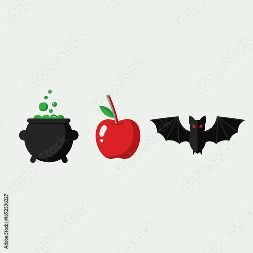 Collection of Halloween Icons: Witch's Cauldron, Red Apple, and Flying Bat on a Light Background