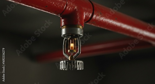 Detailed Close-Up of a Glowing Sprinkler Head Attached to Red Fire Protection Piping, Fire Suppression System, Commercial Safety, Fire Safety Equipment