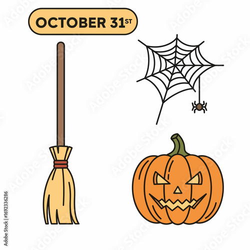 Halloween Decorations: Pumpkin, Broomstick, and Spider Web with October 31st Label