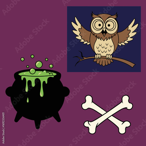 Halloween Illustration: Spooky Owl on Branch, Bubbling Cauldron and Crossed Bones on Purple