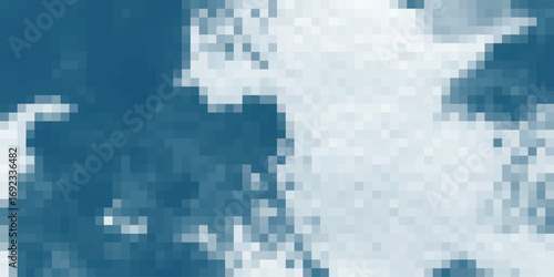Abstract pixelated composition featuring shades of blue and white suggesting atmospheric dynamics and cloud formations