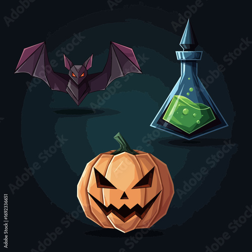 Spooky Halloween Composition: Jack-o'-lantern, Bat, and Potion Bottle Against Dark Background