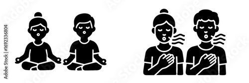 Meditation and breathing exercise glyph icons set with man and woman in lotus pose for mindfulness and relaxation