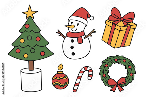 Merry Christmas! Festive Holiday Icons Snowman, Tree, Gifts, and More!
