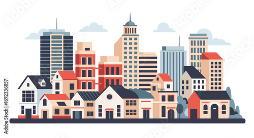 Colorful city skyline illustration with modern buildings and charming houses under a bright blue sky